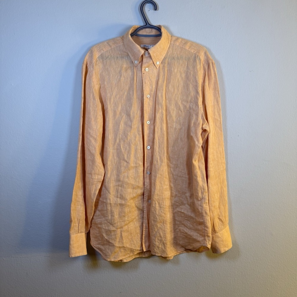 Giampaolo Shirt Mens Medium Orange Linen Button Down Italy Has Small Hole